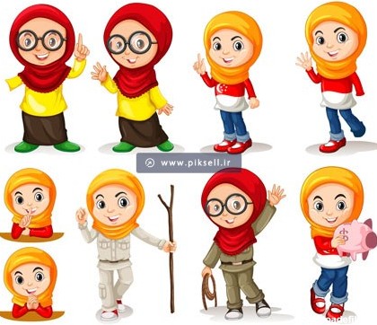وکتور کاراکترهای کارتونی دختر با حجاب مسلمان با پسوندهای eps و ai
