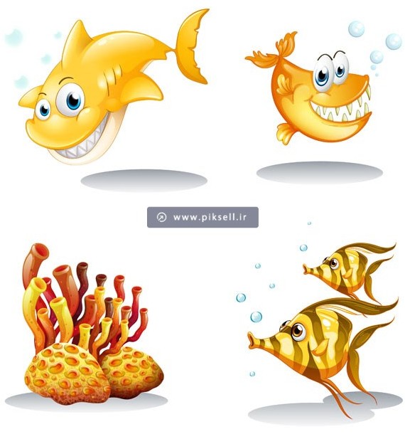 دانلود وکتور مجموعه موجودات کارتونی دریایی شامل ماهی ، کوسه زرد و ...