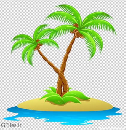 تصویر کارتونی دو درخت نارگیل (نخل) در جزیره کوچک بدون پس زمینه با ...