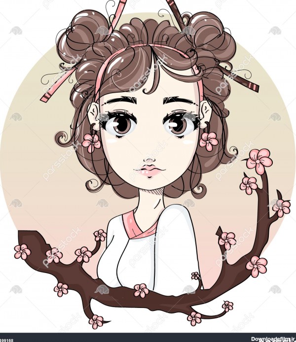 دختر ناز ژاپنی با شاخه درخت ساکورا شخصیت کارتونی انیمیشن پرتره ...