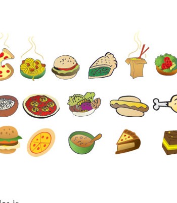 وکتور کارتونی مجموعه غذاهای متنوع (پیتزا ، سوپ ، همبرگر ، برنج و ...)