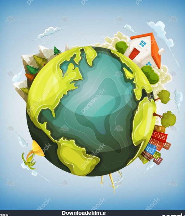 سیاره زمین با خانه طبیعت و شهر در اطراف تصویر یک کارتون طراحی کره ...