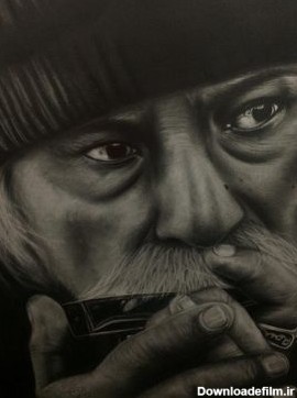 نقاشی پرتره پیرمرد سیاه و سفید تکنیک گرافیت - موشن گرافیک