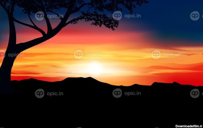 تصویر وکتور درخشان غروب آفتاب طلایی با درخت و کوه | اوپیک
