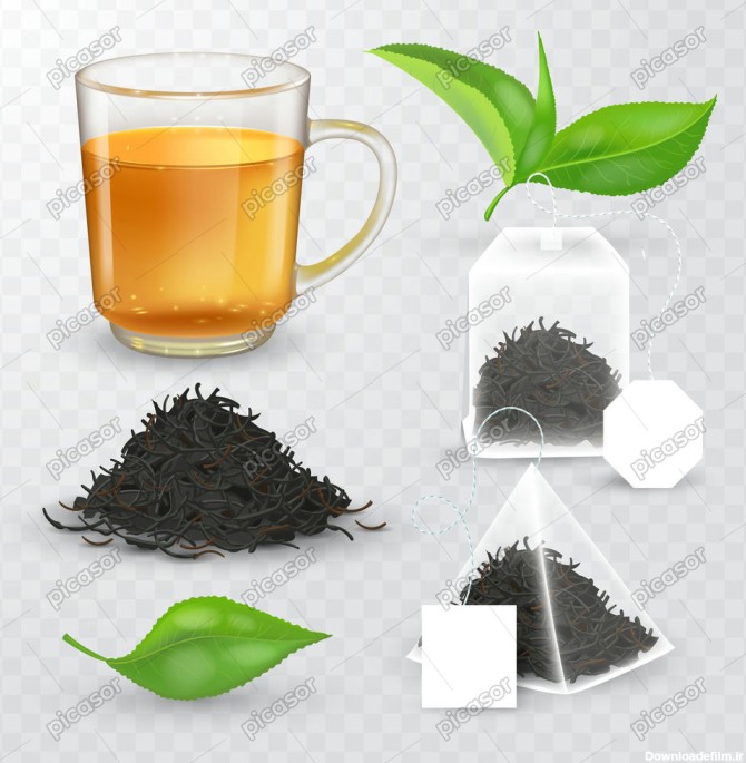 6 وکتور چای کیسه ای تی بگ با چای سیاه و برگ چای سبز و لیوان چای ...