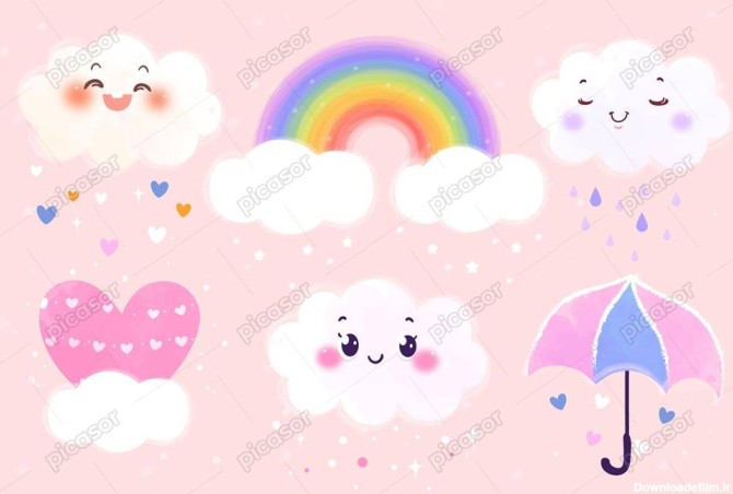 6 وکتور ابر و رنگین کمان چتر و قلب طرح نقاشی کودکانه - وکتور پس ...