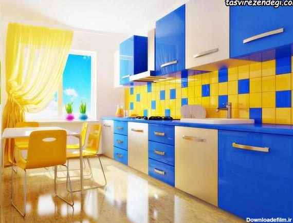 مدل کابینت آشپزخانه آبی و کرم