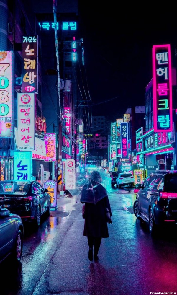 عکس زمینه چراغ های نئون شهر در شب پس زمینه | والپیپر گرام