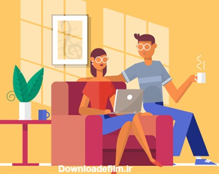 وکتور کارتونی پس زمینه با طرح زن و شوهر نشسته روی کاناپه