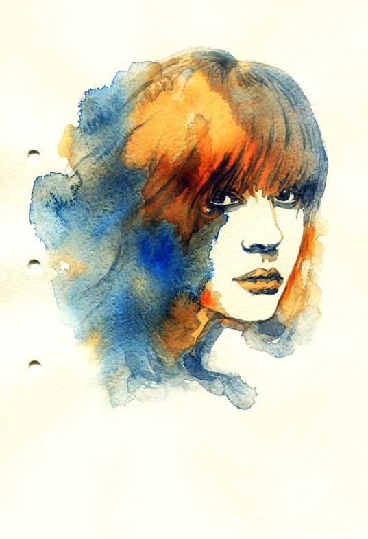 دانلود تصویر نقاشی چهره دختر با آبرنگ نارنجی و آبی