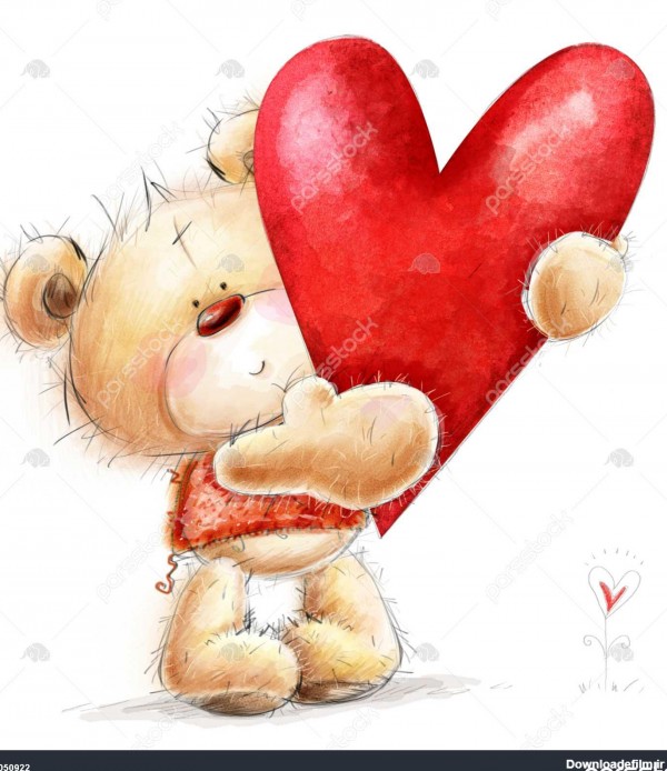 خرس عروسکی با بزرگ تصویر heart.Childish قرمز در colors.Background ...