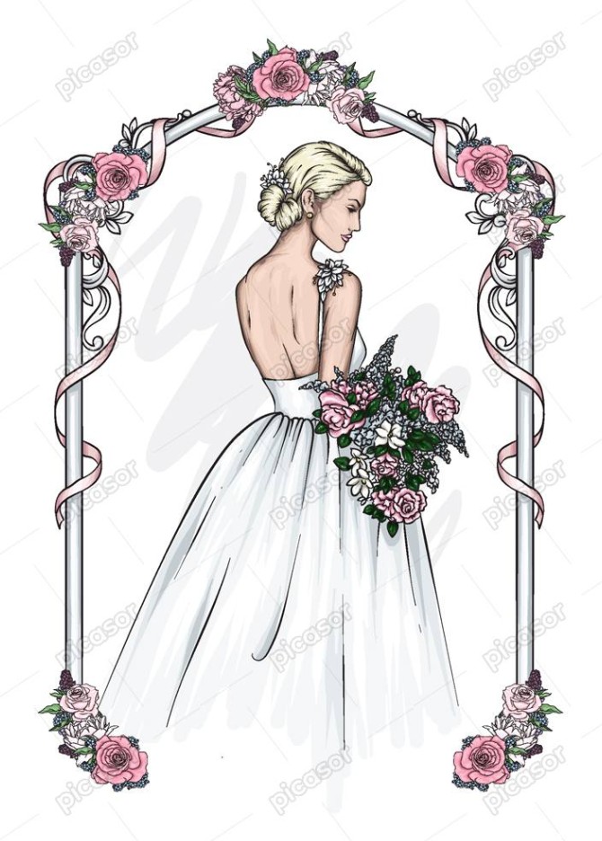 وکتور عروس و دسته گل عروس با گلهای رز صورتی » پیکاسور