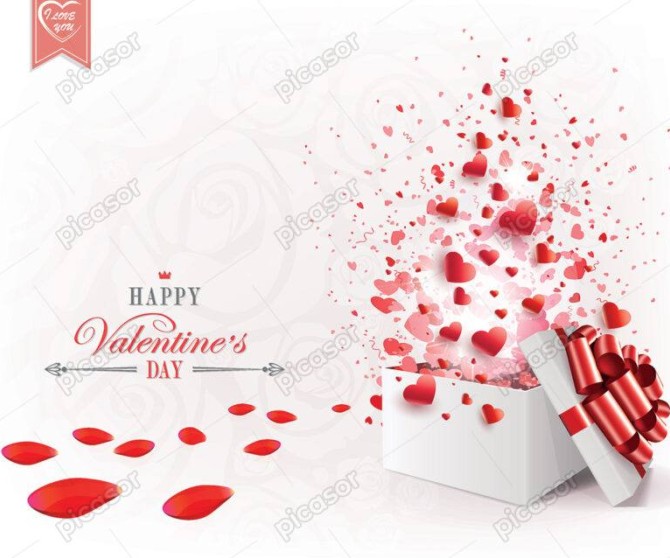 وکتور جعبه کادو هدیه باز شده با قلب های قرمز، پس زمینه قلبهای بزرگ و کوچک قرمز و گلبرگهای گل سرخ