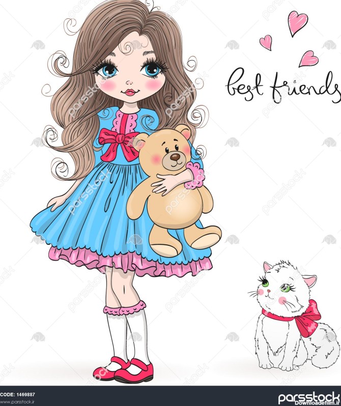 دست دختر ناز شاهزاده خانم زیبا زیبا با خرس عروسکی و گربه کشیده شده ...