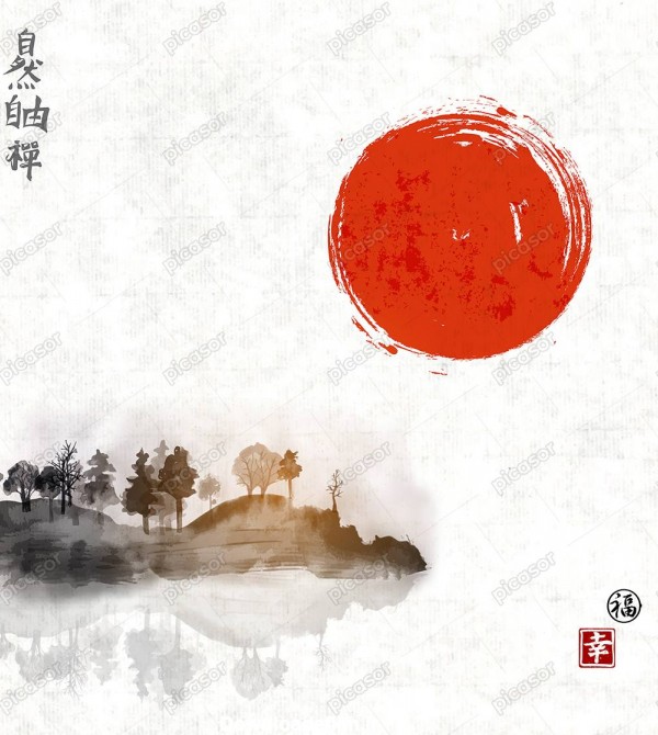 وکتور نقاشی کوه و جنگلهای ژاپن و خورشید سرخ در پس زمینه،هنر وکتور ...