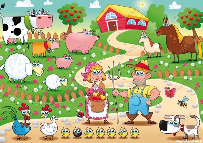 وکتور مزرعه و حیوانات کارتونی - وکتور تصویرسازی کارتونی از ...