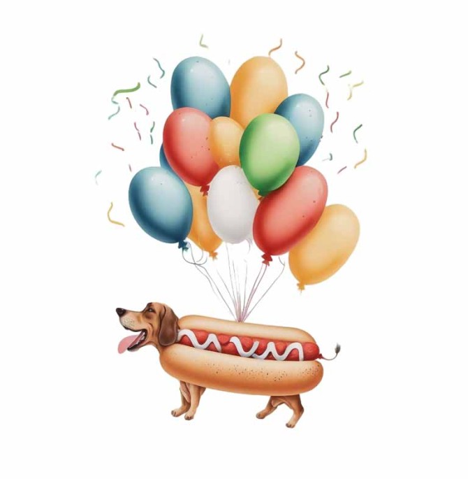 دانلود طرح سگ در لباس ساندویچ و بادکنک رنگی