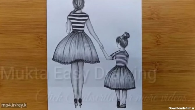 نقاشی مادر و دختر با مداد سیاه