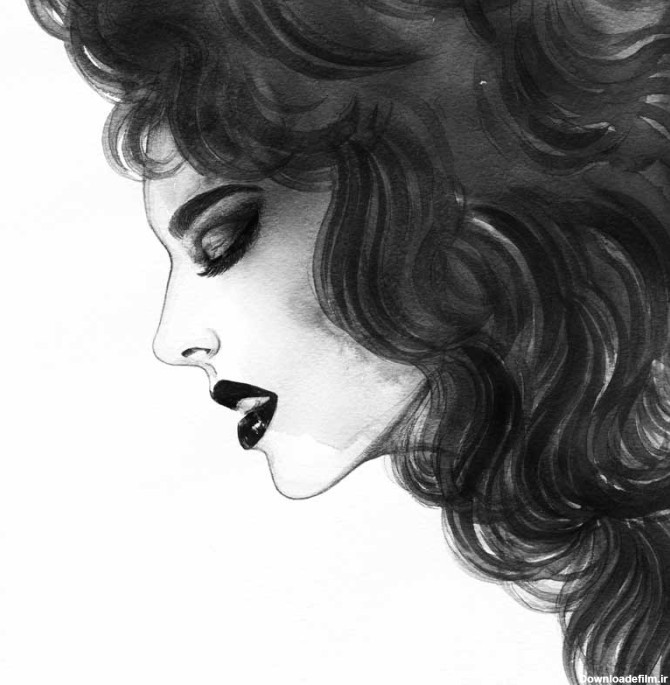 دانلود تصویر نقاشی سیاه و سفید دختر با چشم های بسته