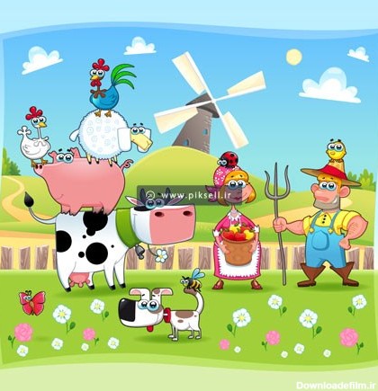 وکتور کارتونی مزرعه با حیوانات اهلی و مرد و زن روستانی