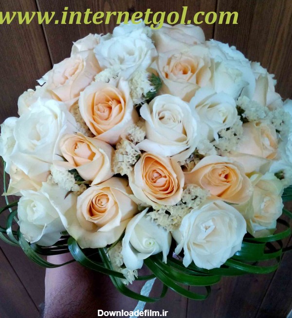 دسته گل عروس رز سفید و نباتی - اینترنت گل