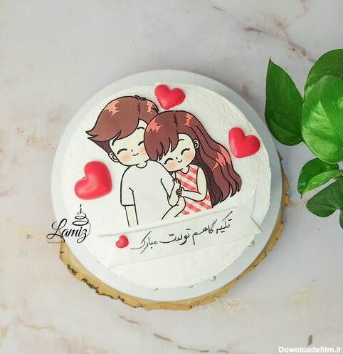 کیک تولد عاشقانه با تزئینات چاپ خوراکی و ترافل و فوندانت