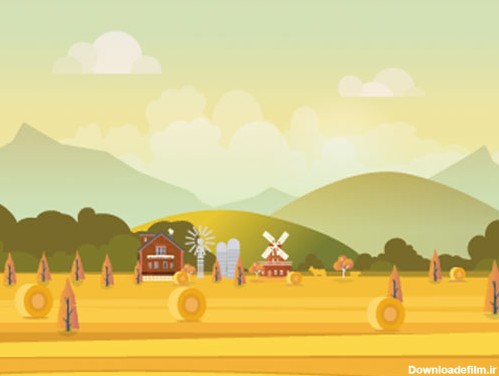 فایل لایه باز وکتور طبیعت و منظره روستایی و گندمزار زرد