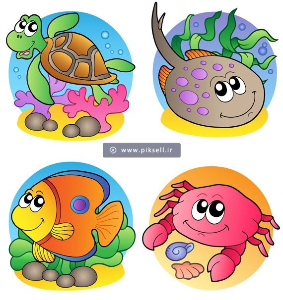 وکتور چهار کاراکتر کارتونی با طرح ماهی ، لاک پشت ، سفره ماهی و خرچنگ