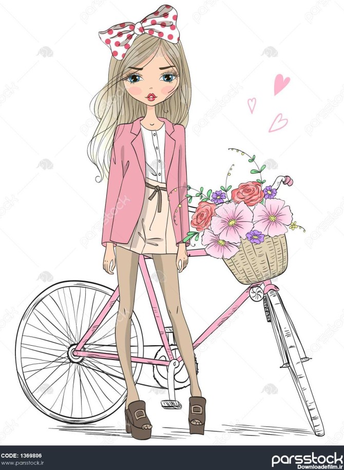 دست کشیده شده زیبا دختر ناز نزدیک دوچرخه با سبد پر از گل می ایستد ...