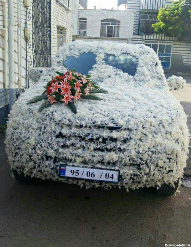 تزئین خاص ماشین عروس با پر مرغ! +عکس
