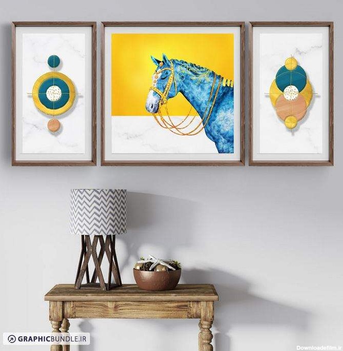 ست سه تابلوی دکوراتیو نقاشی با طرح اسب آبی و المان های فانتزی هندسی