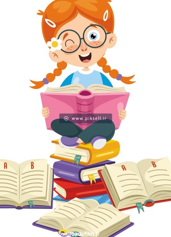 طرح وکتور لایه باز کاراکتر کارتونی دختر درسخوان در حال مطالعه کتاب