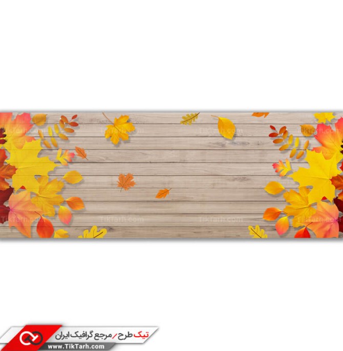 طرح لایه باز پس زمینه برگ های پاییزی روی میز چوبی