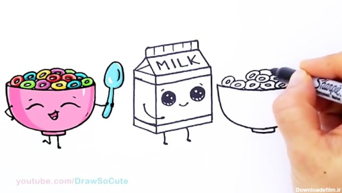 آموزش نقاشی - نقاشی کارتونی پاکت شیر و غلات صبحانه