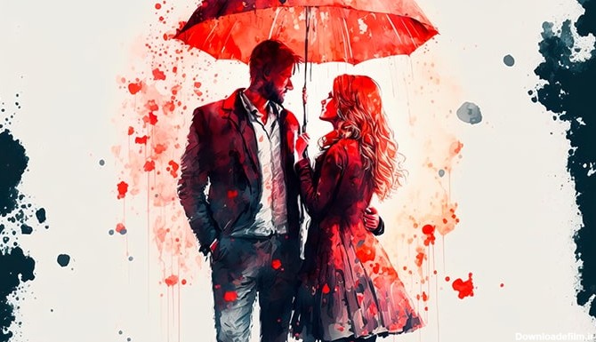 تصویر نقاشی آبرنگی زن و مرد عاشق زیر چتر | فری پیک ایرانی | پیک ...