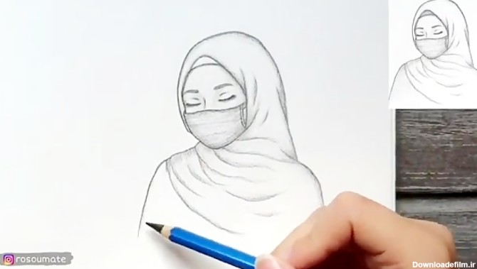 آموزش نقاشی دختر با حجاب ماسک زده