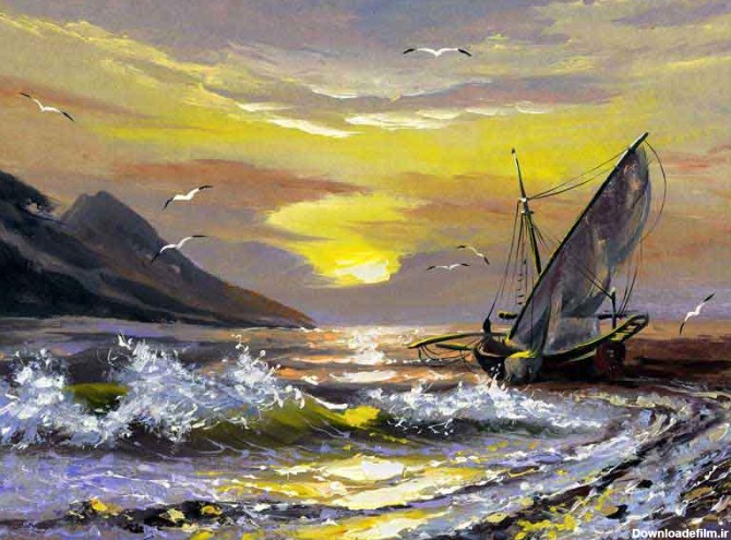 عکس هنری نقاشی قایق بادبانی و دریا