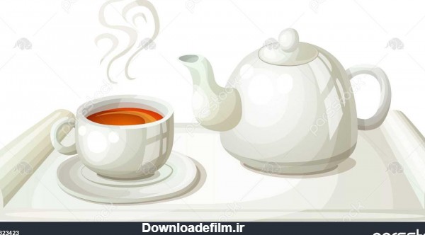 سفید قوری چای و فنجان از چای کارتون بردار آیکون جدا شده در سفید پس ...