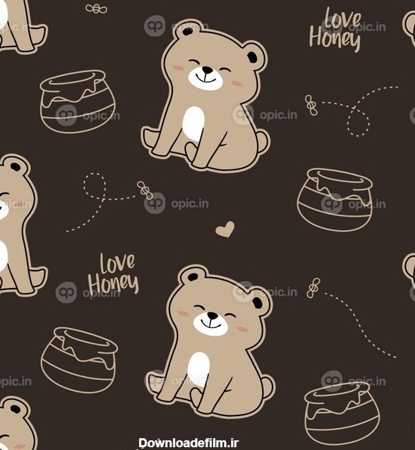 دانلود وکتور پترن چاپی خرس عسلی بامزه با پس زمینه قهوه ای | اوپیک