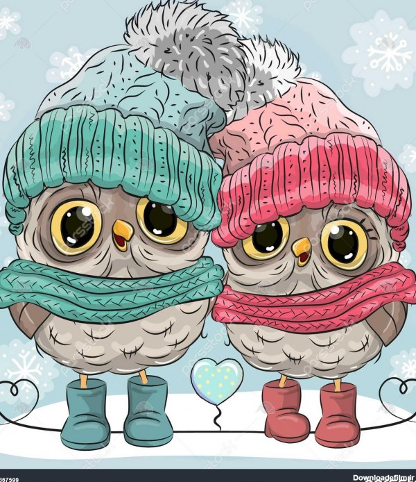 زمستان زیبا تصویر دو جغد پسر و دختر در کلاه و روسری 1367599