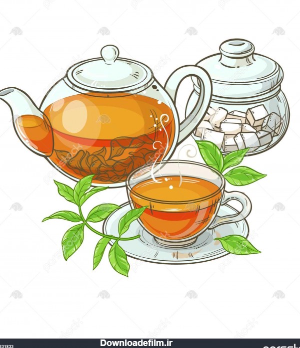فنجان از چای قوری چای قند کاسه و چای برگها 1331833