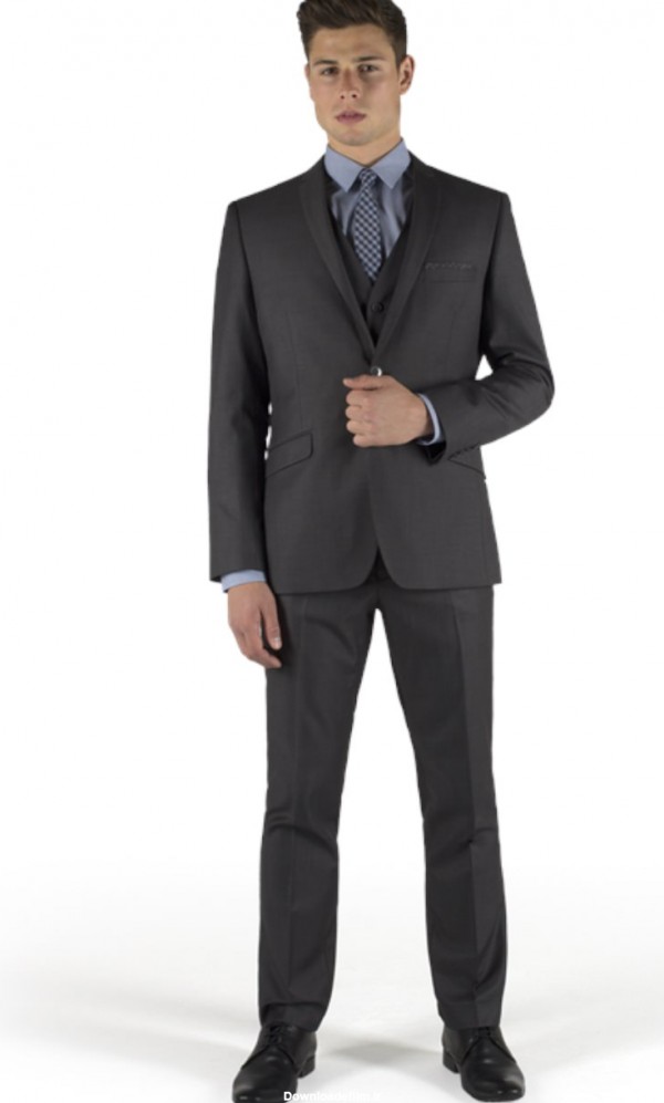 مدل کت و شلوار با کراوات بنفش و پیراهن آبی