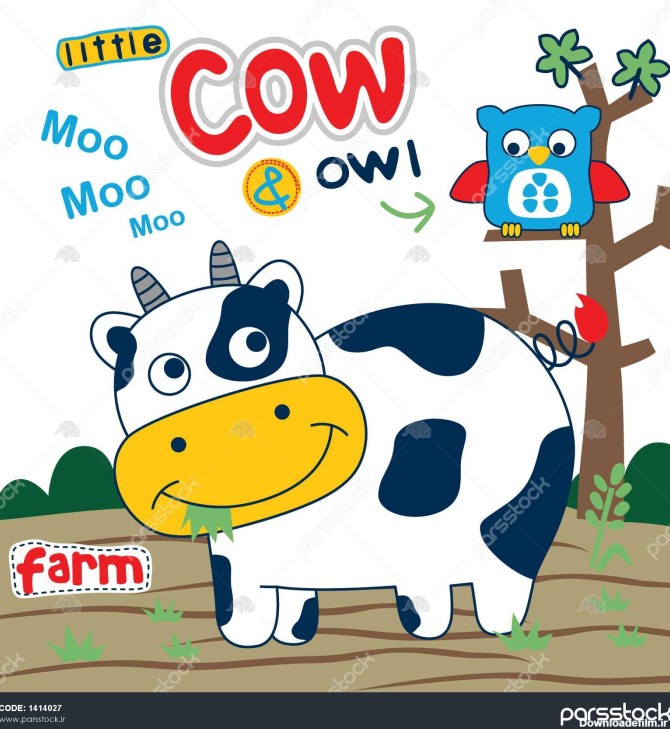 گاو و جغد در مزرعه کارتونی خنده دار حیوانات تصویر بردار 1414027