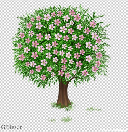 تصویر کارتونی دوربری شده درخت با شکوفه های بهاری (png ترانسپرنت)