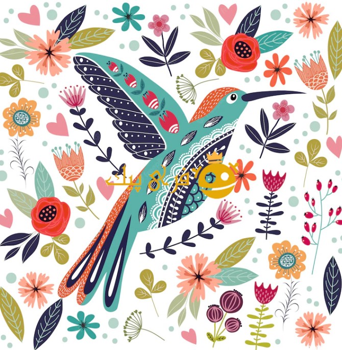 تصویر رنگارنگ پرنده و گل های عامیانه زیبا 👑 - فری پیک فارسی