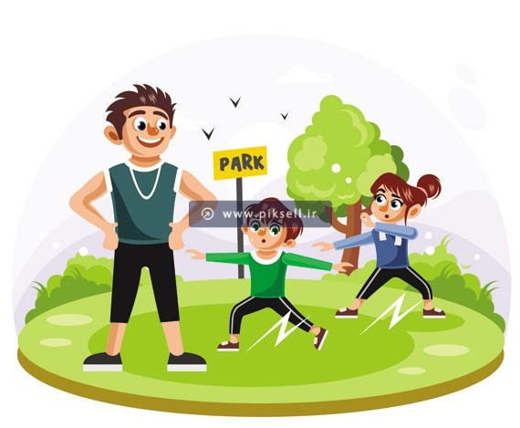 وکتور بکگراند کارتونی با طرح معلم و بچه ها در حال تمرین و ورزش در پارک