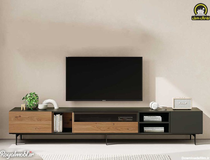 عکس میز تلویزیون ساده در رنگ‌های طوسی و قهوه‌ای