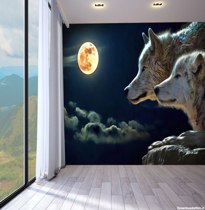 قیمت و خرید پوستر دیواری سه بعدی مدل سگ و گرگ در شب ماه DVRF2524