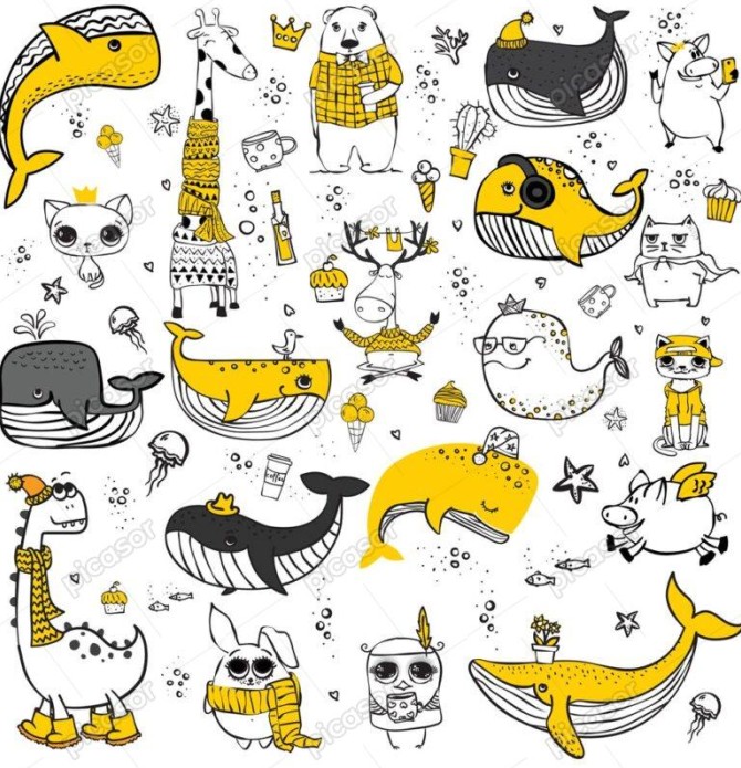 20 وکتور نقاشی نهنگ گربه جغد خرگوش و زرافه و حیوانات طرح نقاشی ساده کارتونی بامزه
