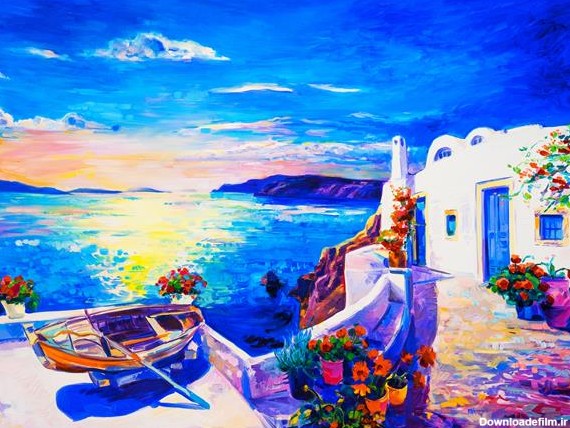 نقاشی خانه در کنار دریا و قایق